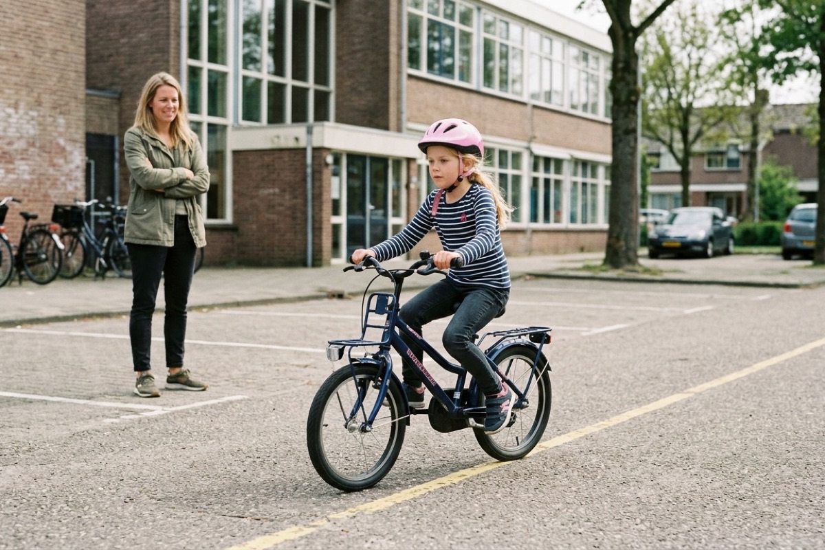 Kind oefent op de fiets op een lege parkeerplaats terwijl een ouder rustig toekijkt.