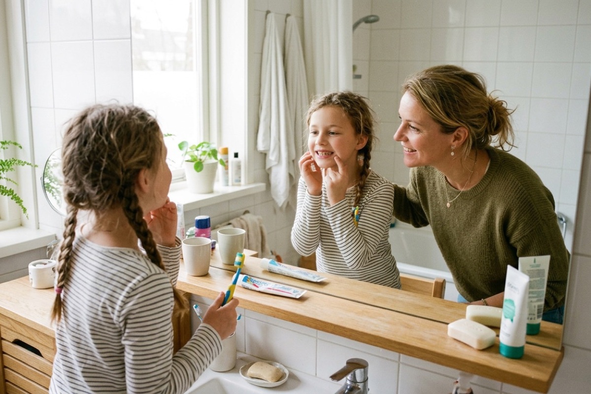 Ouder en kind in groep vijf bekijken samen het resultaat van het poetsen in de spiegel boven de wastafel.