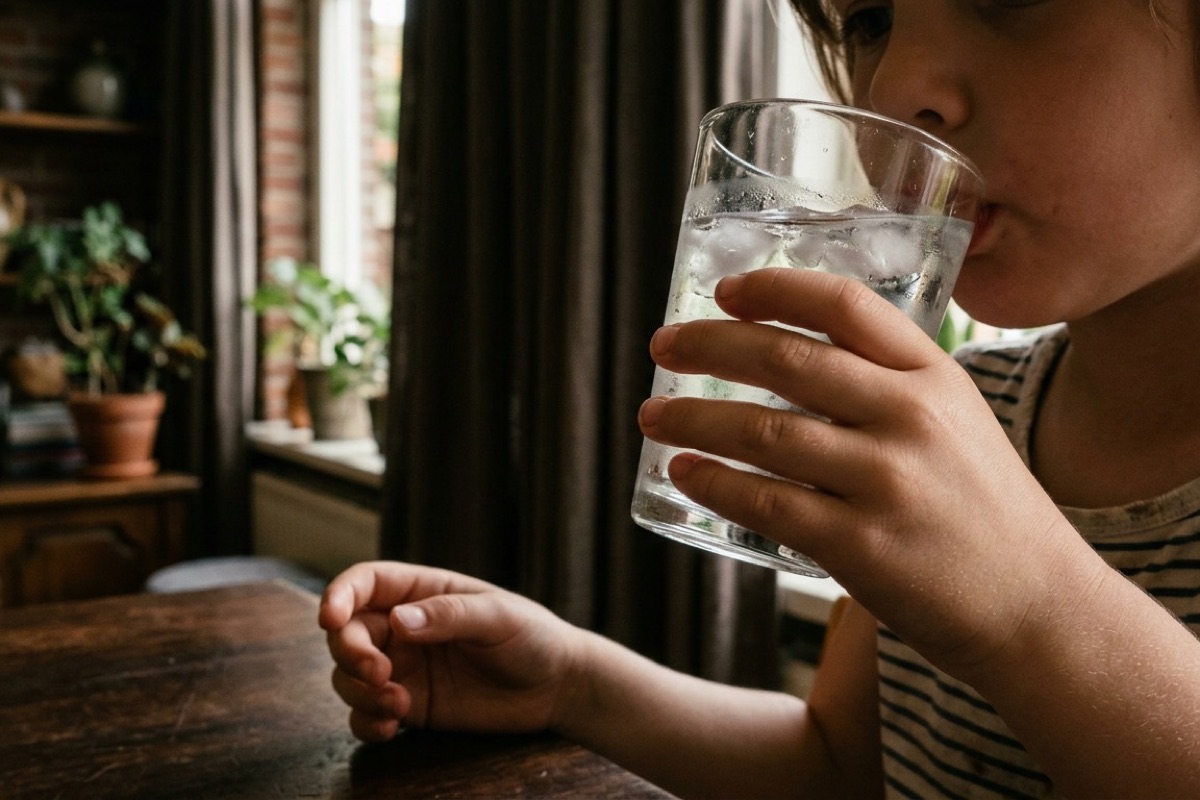 Een kind drinkt water met ijsblokjes uit een glas in een rustige koele woonkamer met halfgesloten gordijnen