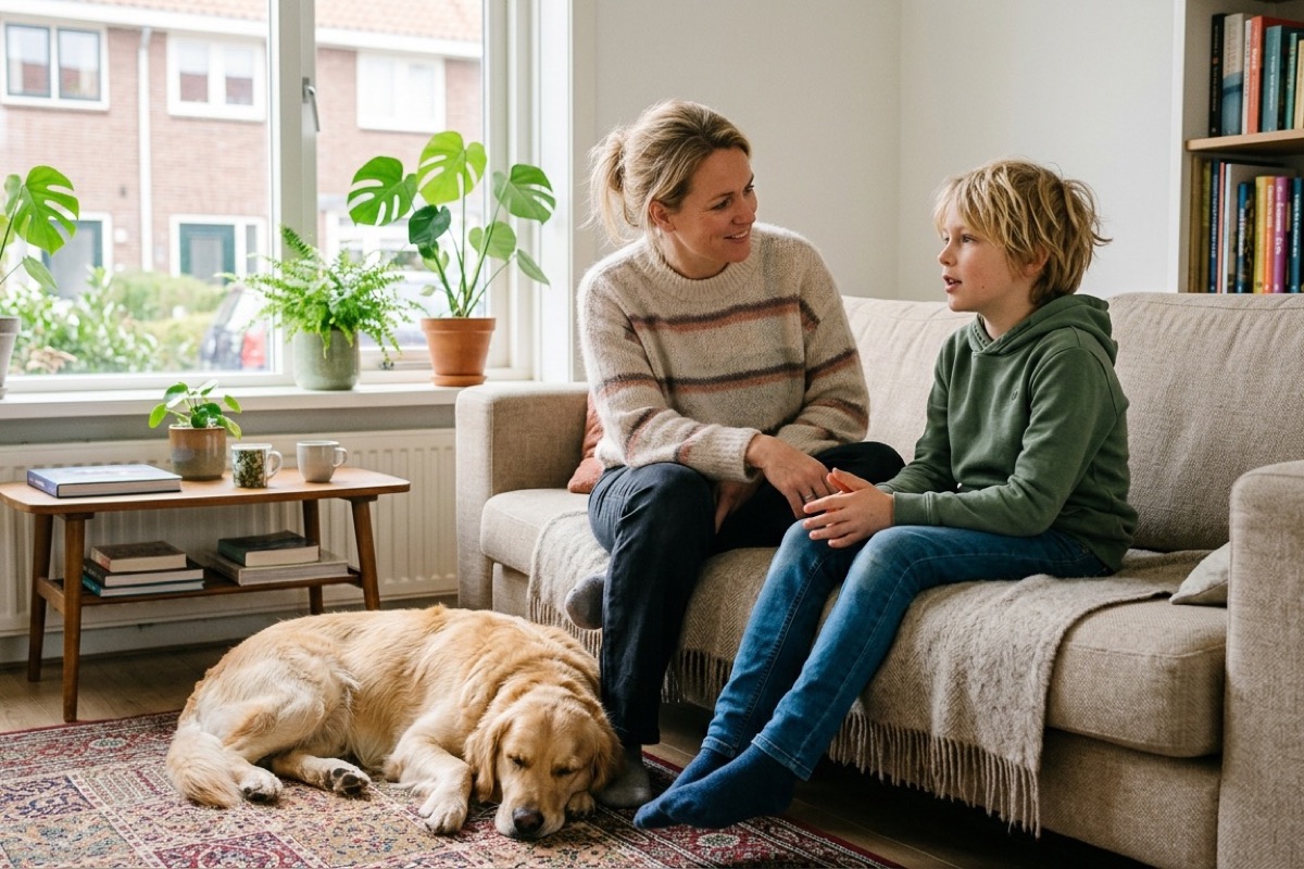 Een Nederlandse vader vult zelf de waterbak van de hond terwijl het kind aan tafel zit