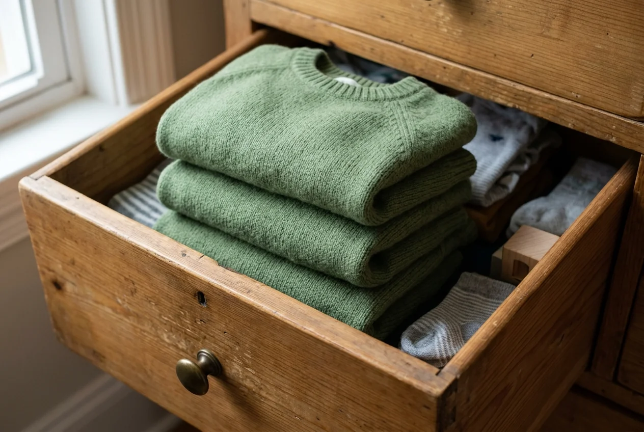 Drie dezelfde groene truien netjes opgevouwen in een houten lade — praktische oplossing voor lievelings-kledingstuk