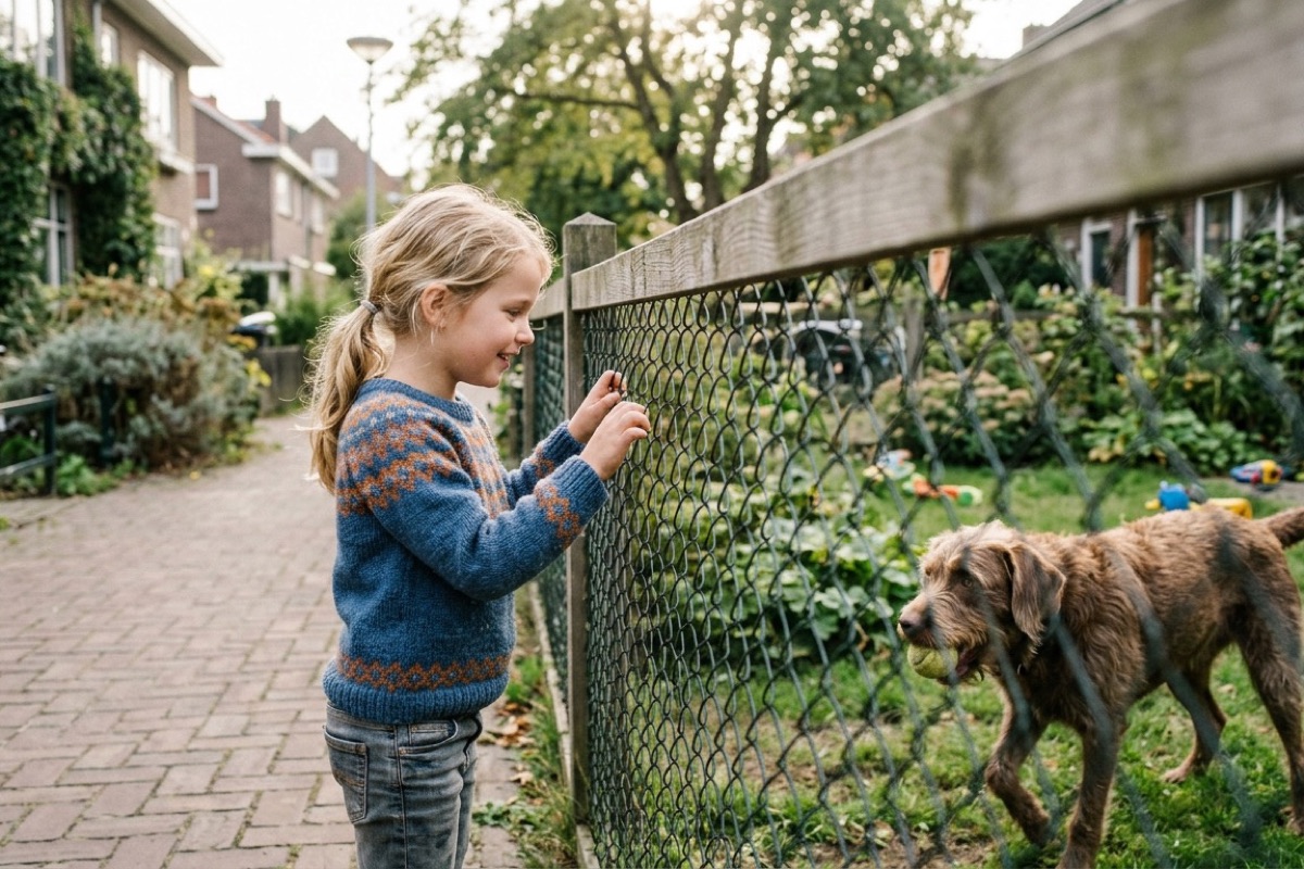 Een Nederlandse 8-jarige kijkt verlangend door een hek naar een hond in de tuin van de buren