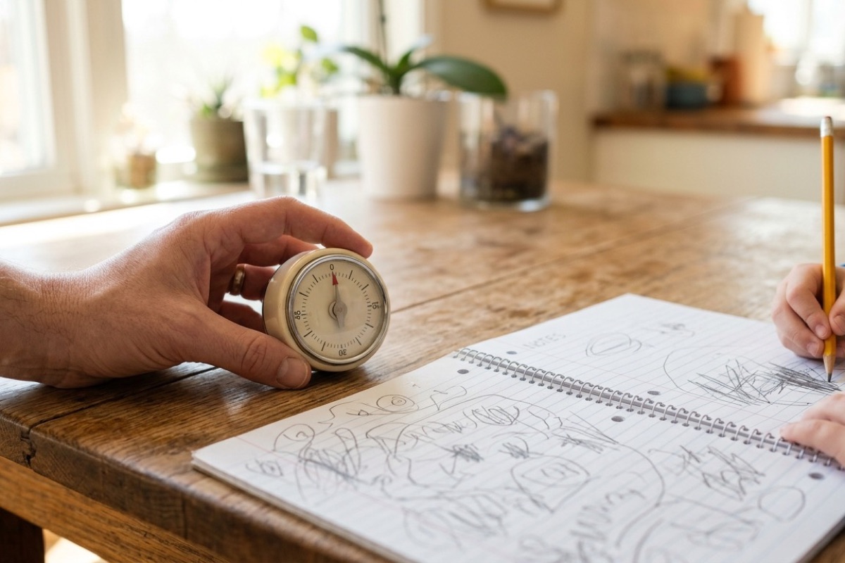 Een ouderhand zet een keukenwekker neer naast een schoolschrift waar een kind in werkt