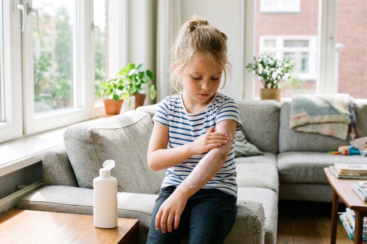 Kind smeert zelf zonnebrand op de eigen arm op de bank, met een fles ernaast.