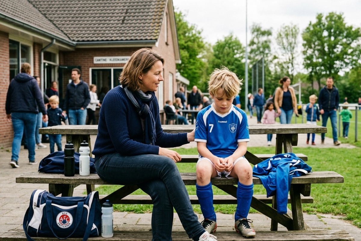 Ouder en kind zitten samen op een bankje en praten rustig na een training.