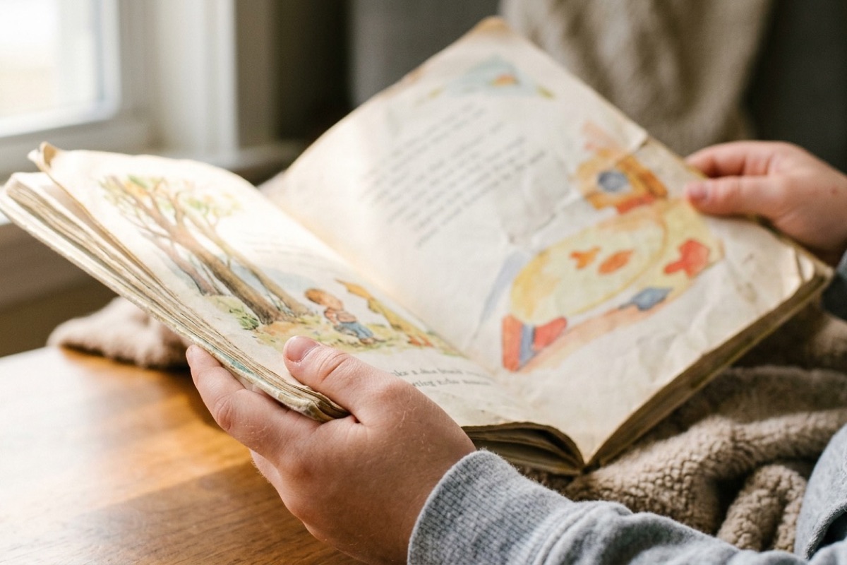 Kinderhanden houden open kinderboek met geïllustreerde pagina vast