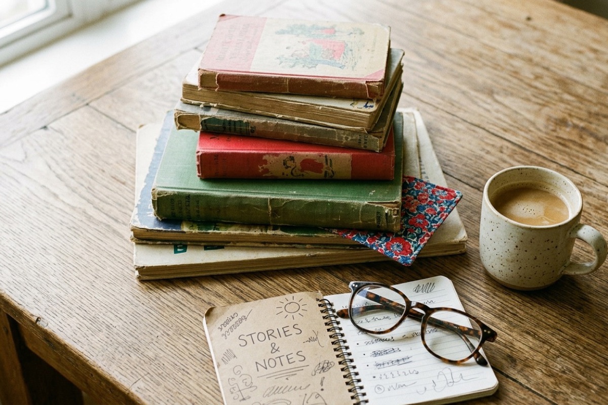 Stapel klassieke kinderboeken met mok thee, leesbril en notitieblok