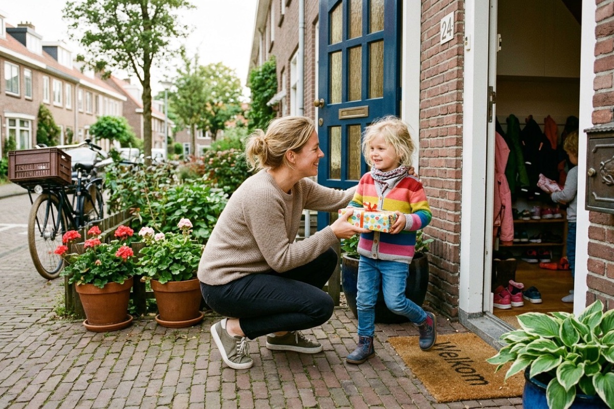 Ouder neemt afscheid van haar kind bij de voordeur van een Nederlands huis, het kind houdt een ingepakt cadeautje vast.