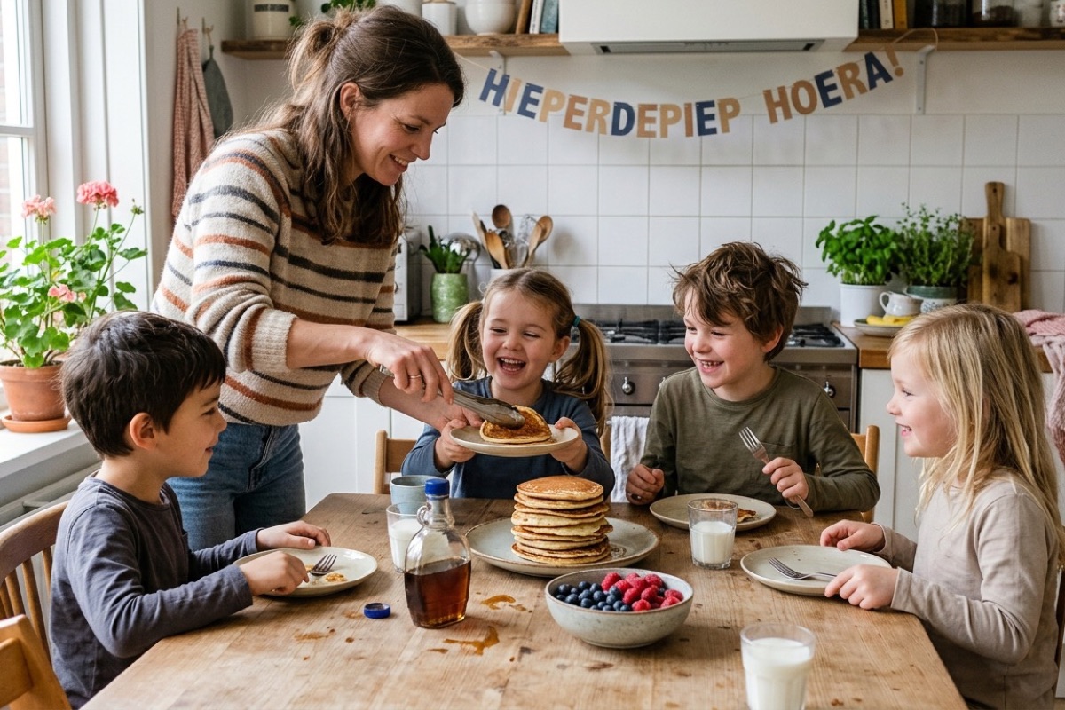 Ouder schept een pannenkoek op een bord voor lachende kinderen aan een keukentafel met een slinger op de achtergrond.