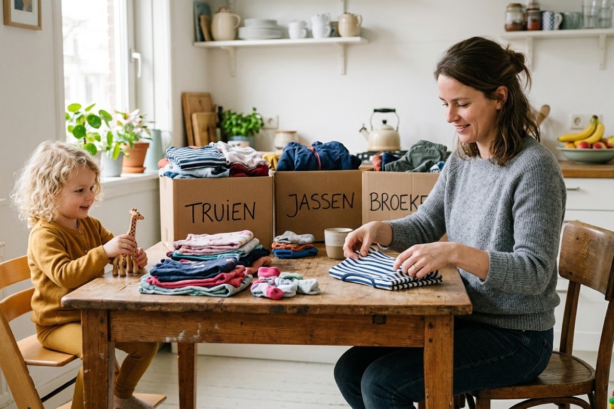 Een ouder sorteert kinderkleding in gemarkeerde dozen op een keukentafel, met een klein kind ernaast.