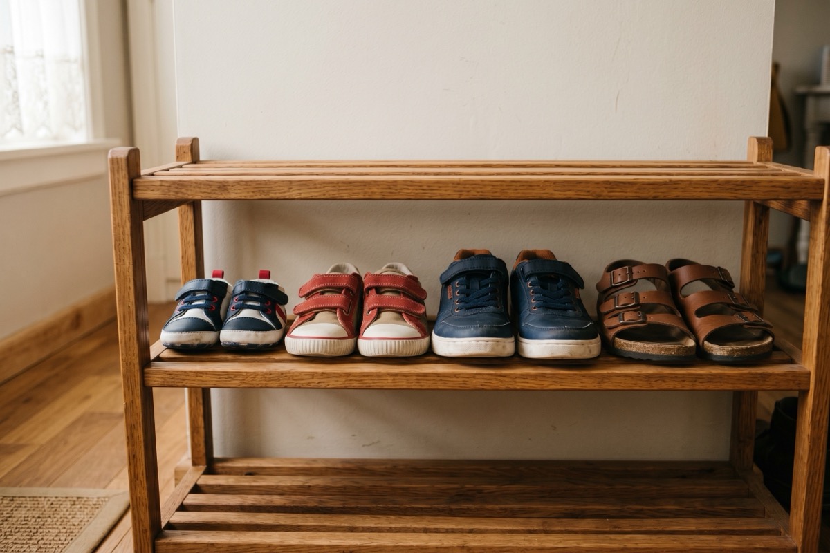 Houten schoenenrek met netjes geordende kinderschoenen in graderende maten — peutersneakers, kleuterschoenen, sneakers en sandalen — bij natuurlijk daglicht.