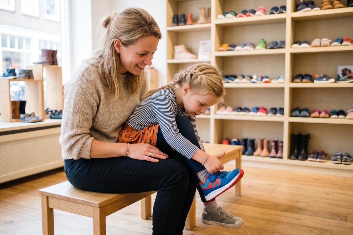 Moeder kijkt mee terwijl haar dochter zelf een nieuwe sneaker controleert in een kinderschoenenwinkel met houten kastruimte vol kindermaten.