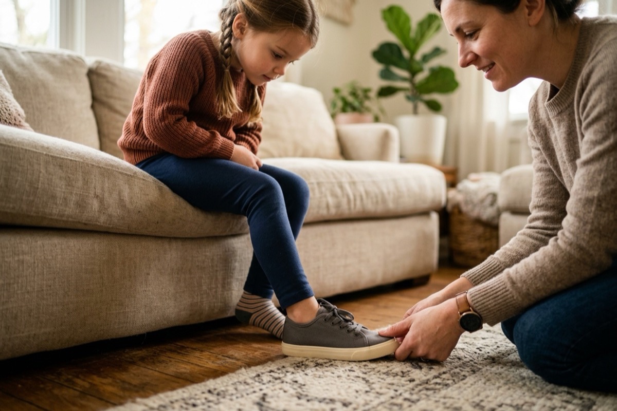 Ouder en kind passen samen een nieuwe schoen thuis op de bank, ouder controleert pasvorm met de hand.