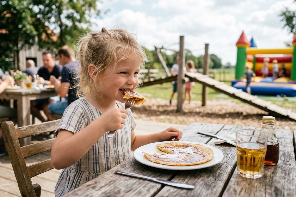 Een gezin eet pannenkoeken op een terras bij een Achterhoekse pannenkoekenboerderij met dieren in de tuin