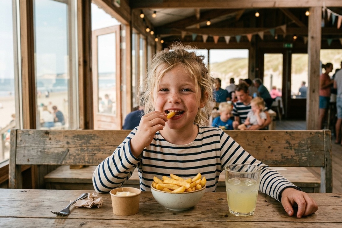Een Nederlands gezin eet pannenkoeken op het terras van een Amelands restaurant in Nes