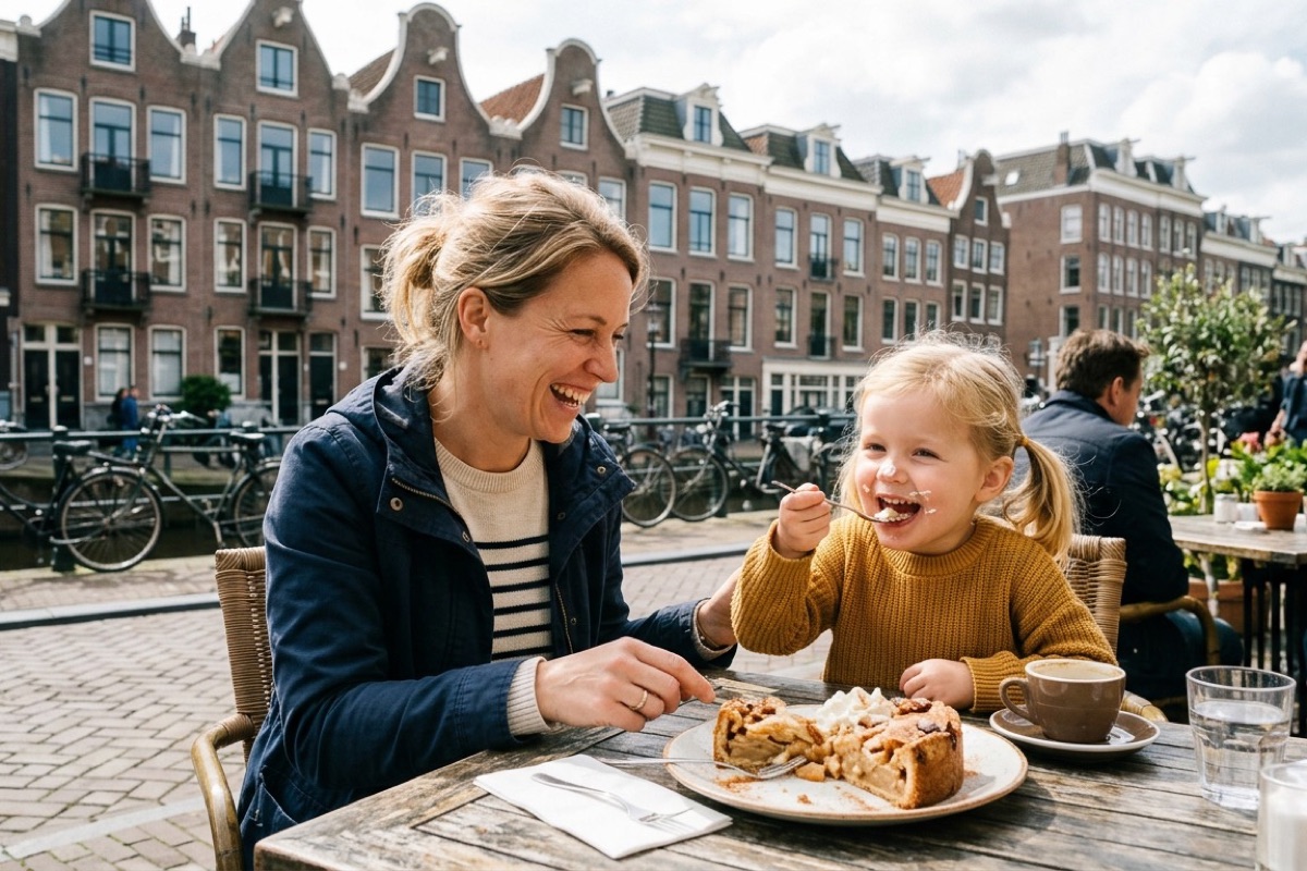 Een Nederlandse moeder en kind eten appeltaart op een Amsterdams terras met grachtenpanden in de achtergrond