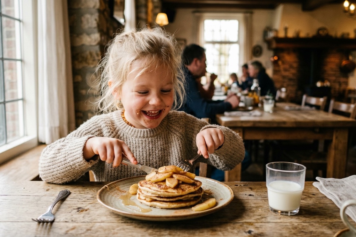 Een gezin eet pannenkoeken en frites op een terras met grote speeltuin op de achtergrond