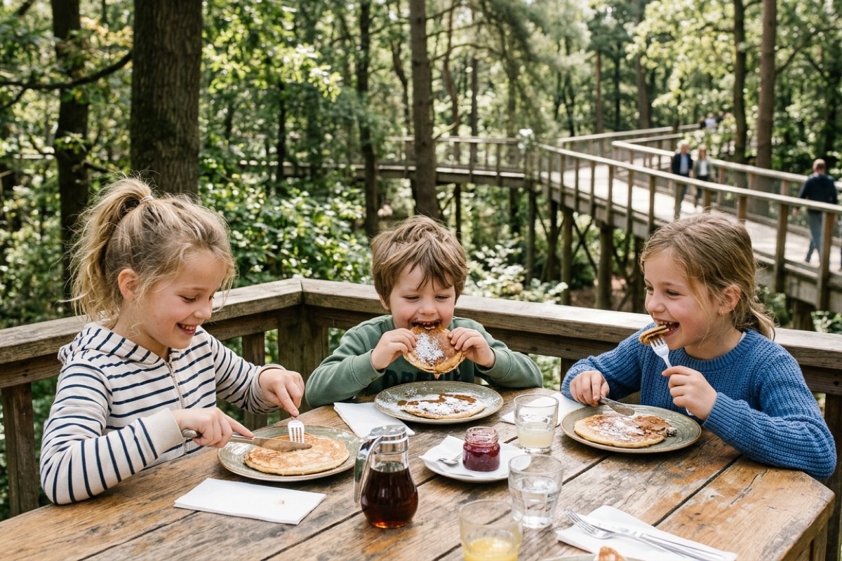 Een gezin eet pannenkoeken op een terras bij een Drentse boerderij met dieren in de tuin