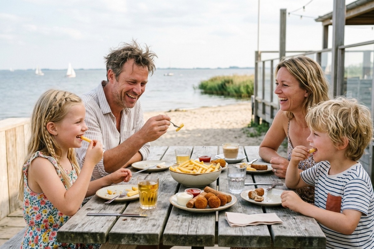 Een gezin eet pannenkoeken op een terras aan een Friese gracht met sloepjes voorbijvarend