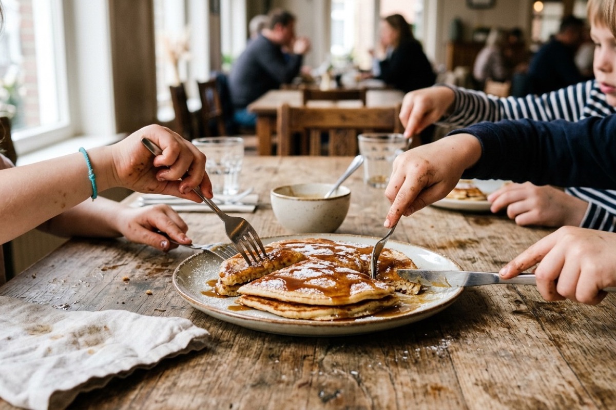 Een gezin eet vlaai en pannenkoeken op een terras met heuvels op de achtergrond in Limburg
