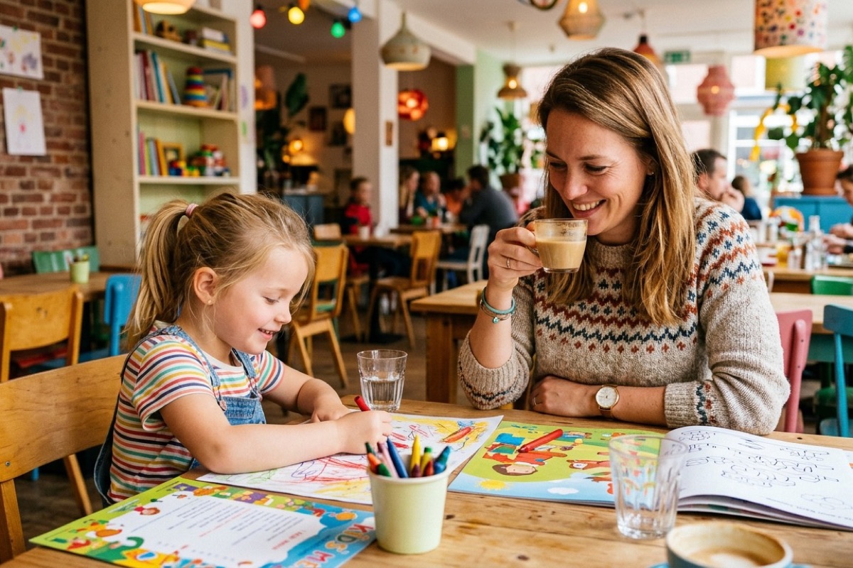 Een Nederlandse moeder drinkt koffie terwijl haar kind kleurt aan een tafel in een kindercafรฉ