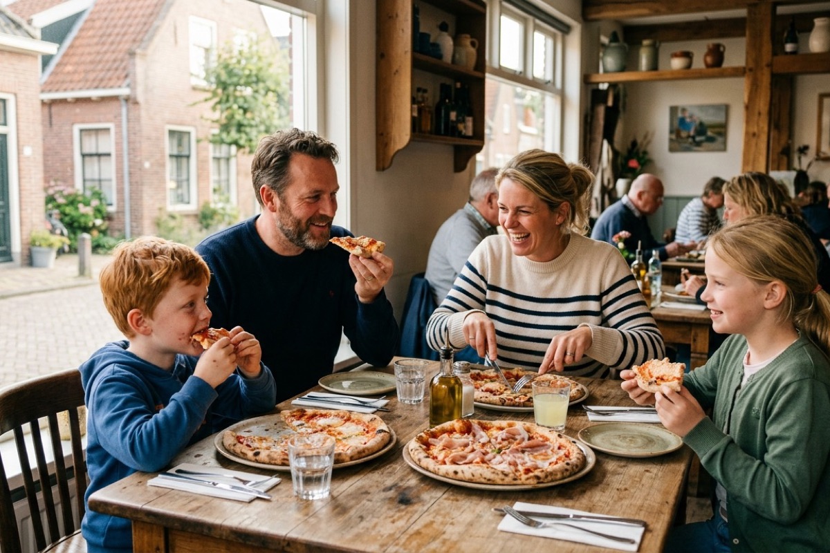 Een Nederlands gezin eet broodjes op een houten terras van een Schiermonnikoog-strandpaviljoen