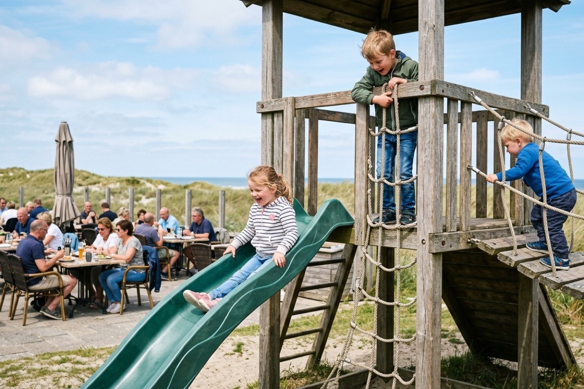 Een kind eet een grote pannenkoek met een speelhoek met krijtbord op de achtergrond in een Terschellings restaurant