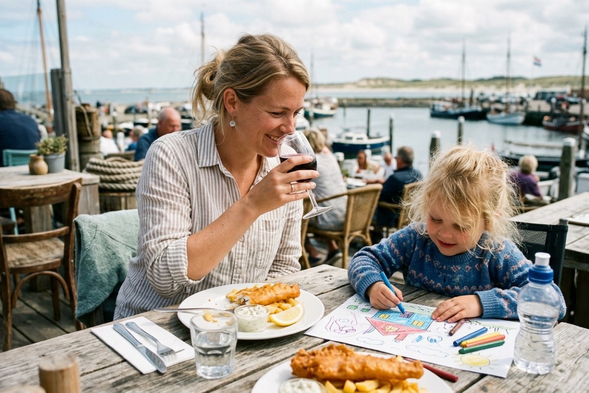 Een kind eet een grote pannenkoek aan een houten tafel in een Texelse pannenkoekenboerderij