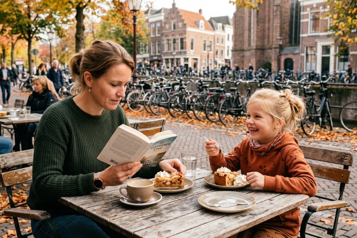Een Nederlandse moeder en kind eten appeltaart op een terras met fietsen in Utrecht-stijl
