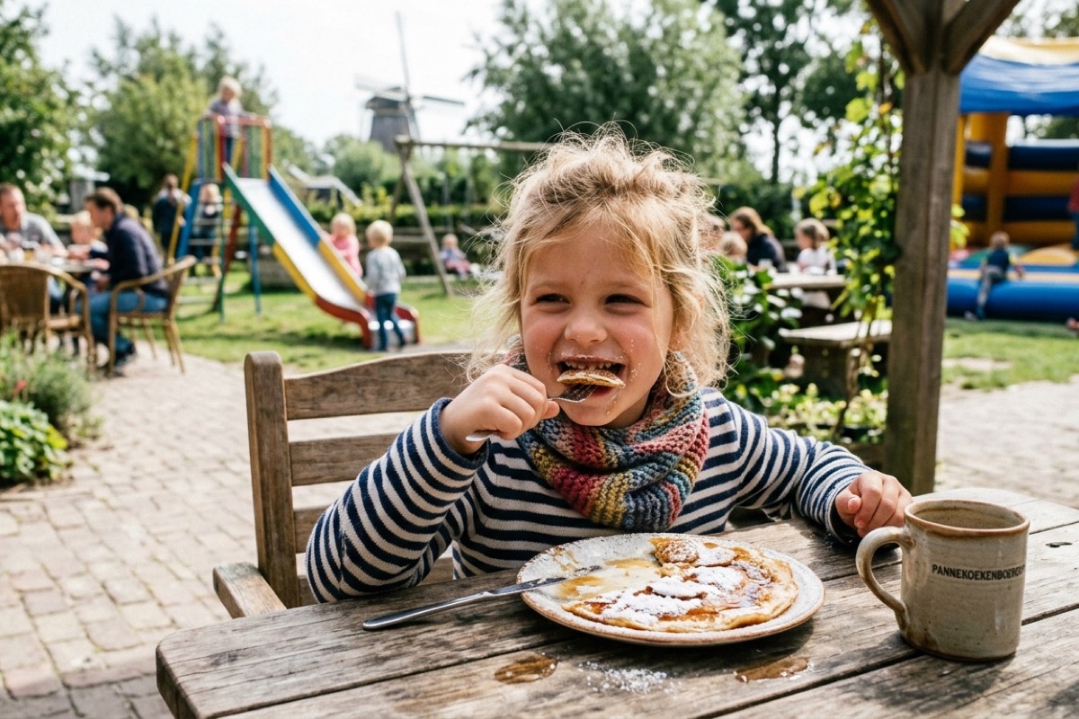 Een gezin eet pannenkoeken op een houten terras bij een Veluwse pannenkoekenboerderij met speeltuin op de achtergrond