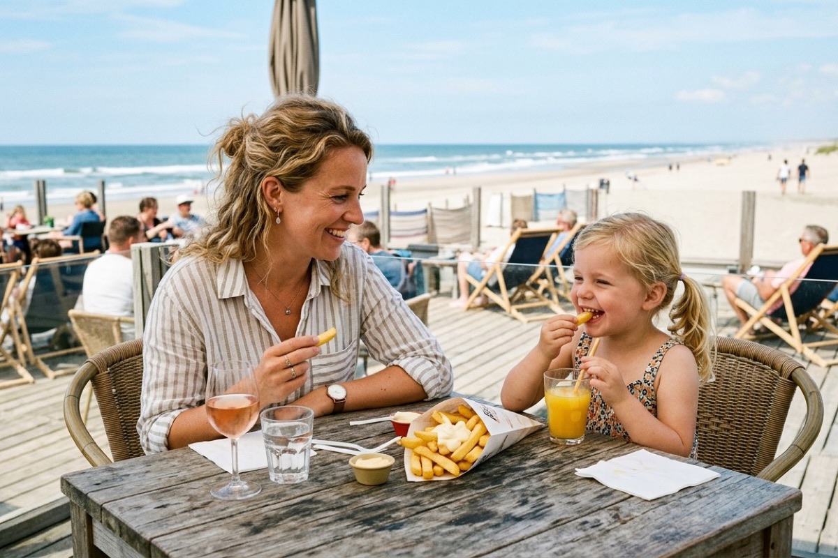 Een Nederlands gezin eet pannenkoeken op een terras bij een Zeeuwse pannenkoekenboerderij