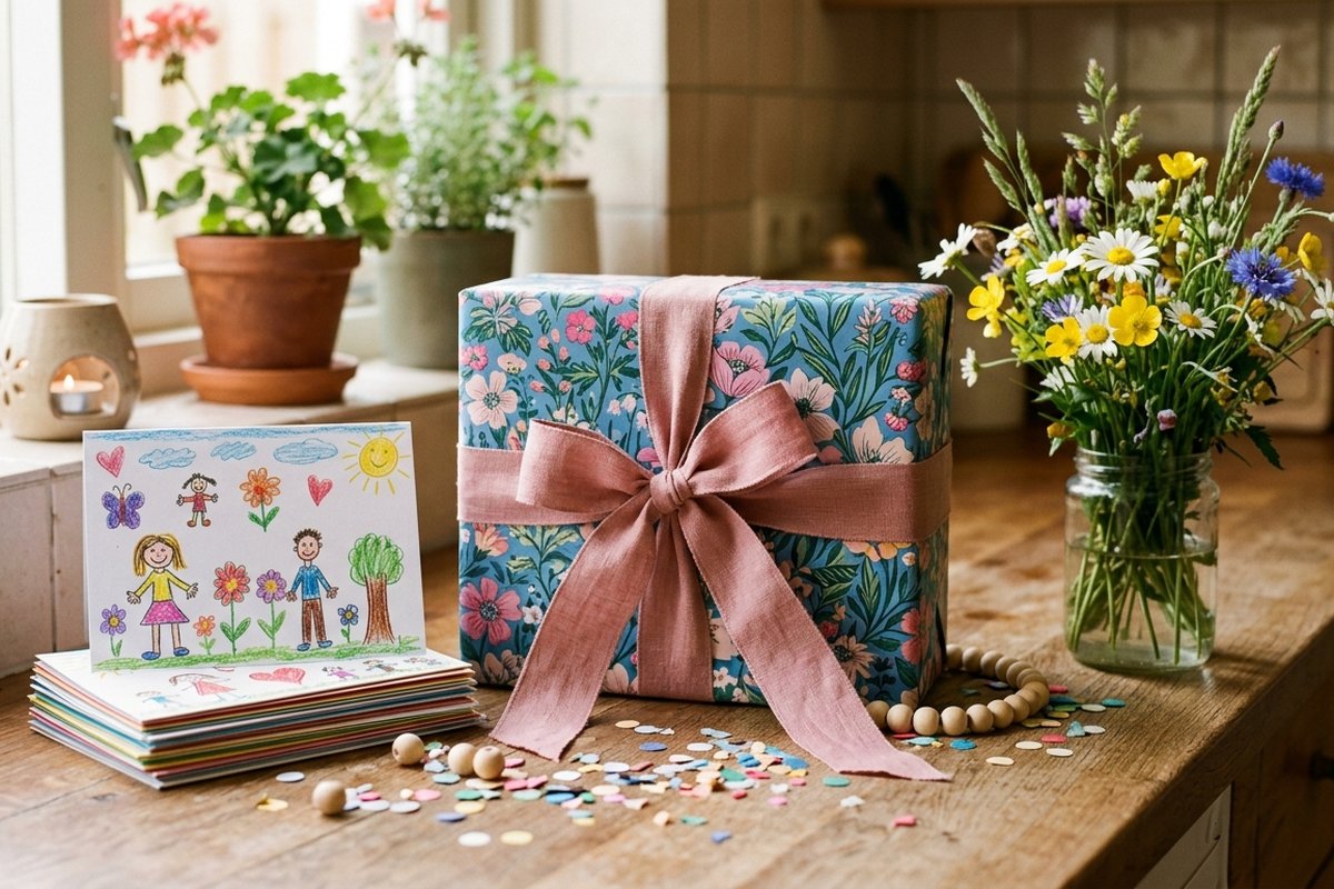 Mandje met klassencadeau voor juf met kaart en tekeningen van kinderen