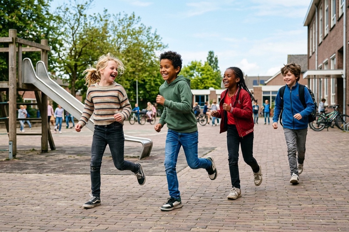 Groep basisschoolkinderen speelt buiten samen in een schoolplein bij helder daglicht zonder telefoons in zicht.