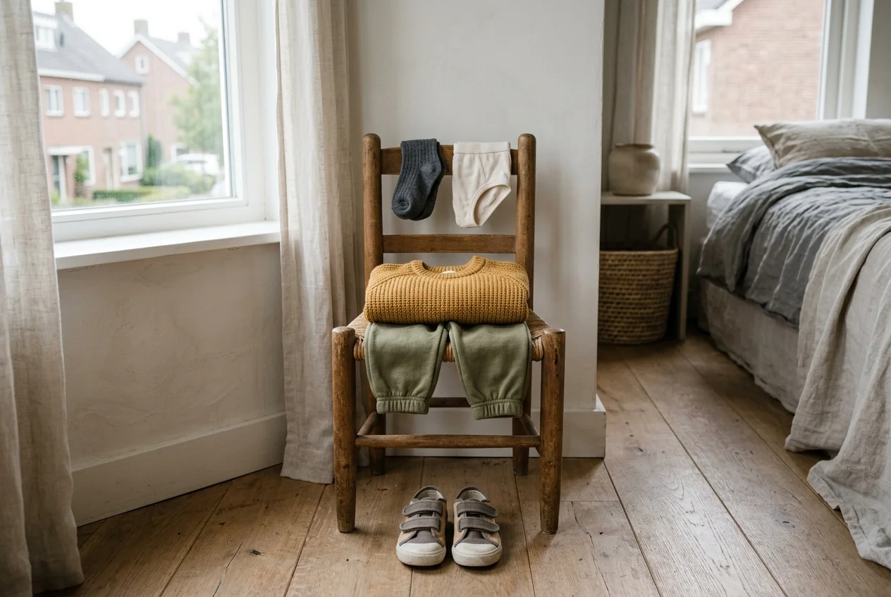 Kleine houten stoel met netjes uitgelegde kinderkleding op volgorde voor de ochtend