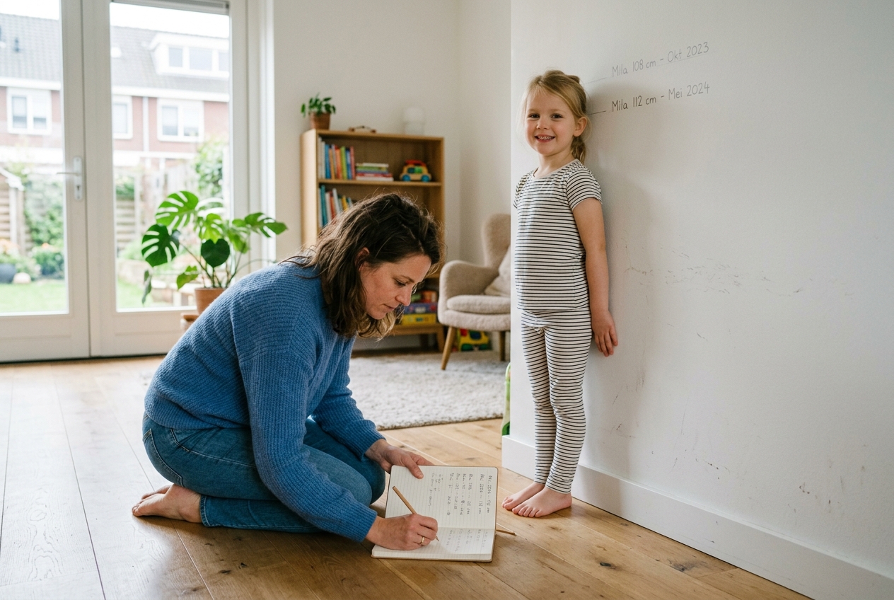Nederlandse ouder meet lengte van kind tegen witte muur en noteert het cijfer in een notitieboekje op de vloer.