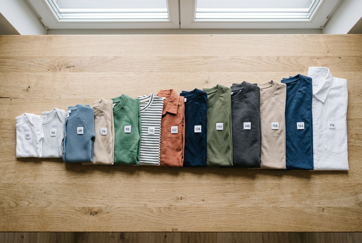 Stapel netjes opgevouwen kinderkleding in oplopende maten van 50 tot 176 met zichtbare maat-labels op een lichthouten tafel.