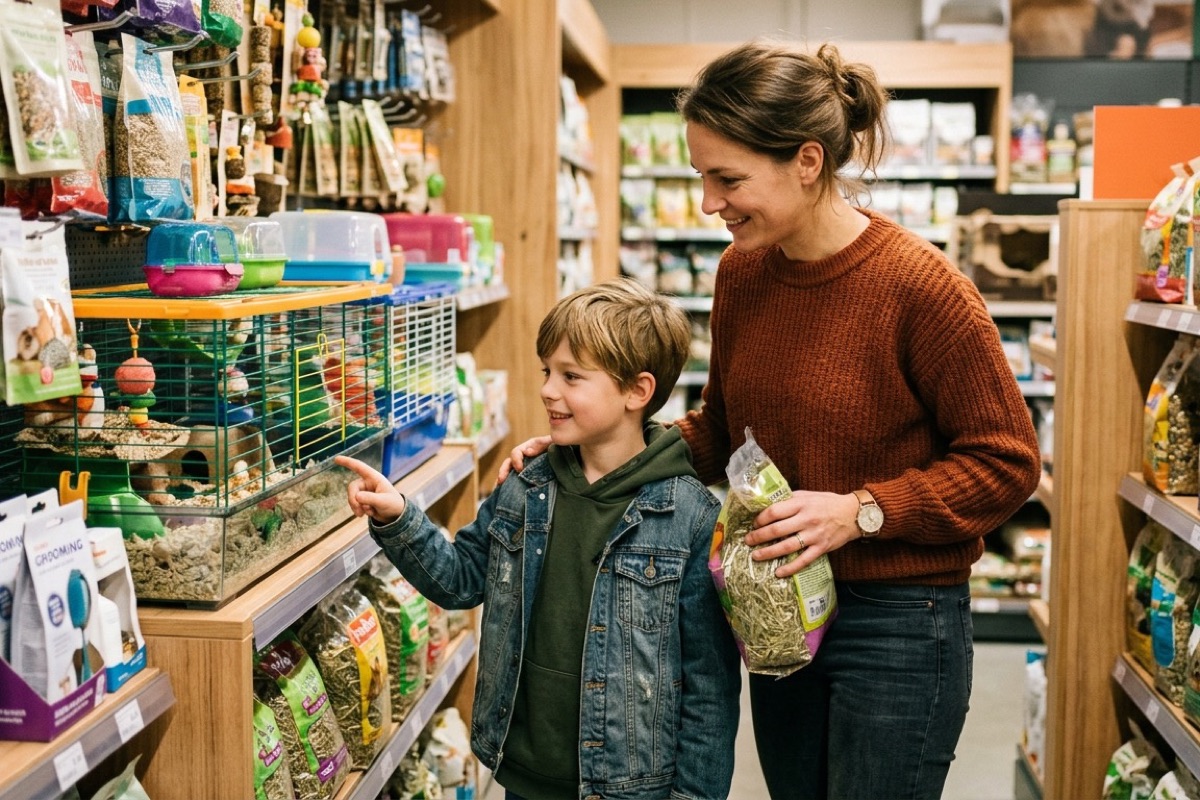 Een Nederlandse ouder en kind bekijken kleine huisdier-spullen in een dierenwinkel