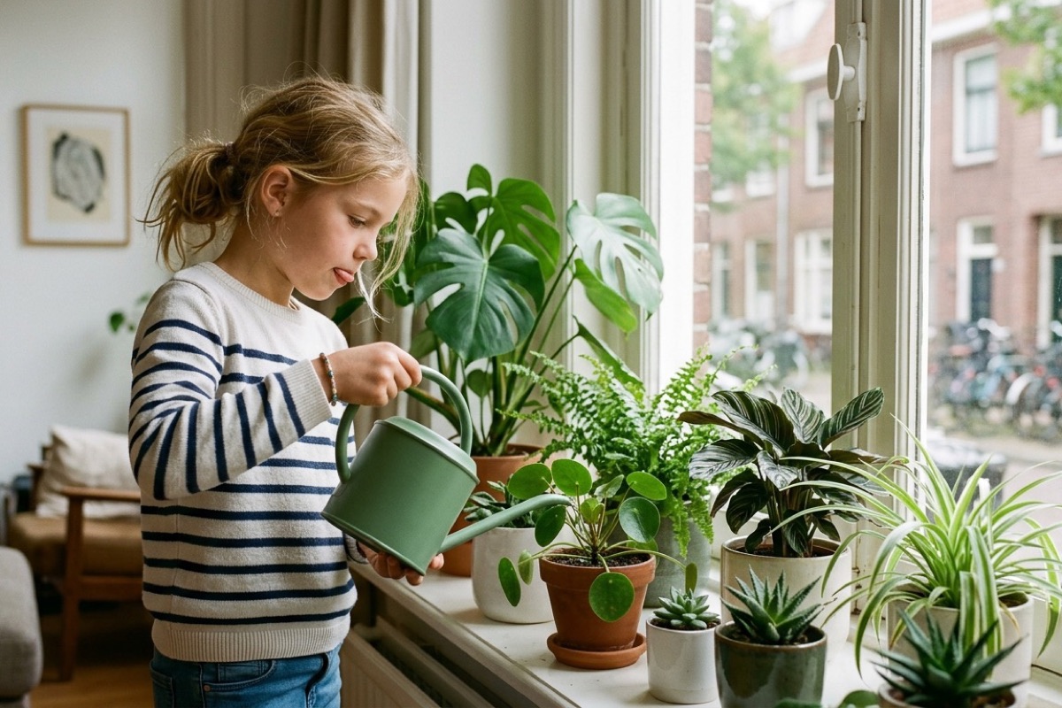 Een kind van rond de negen geeft de planten op de vensterbank water met een eenvoudige groene gieter bij daglicht