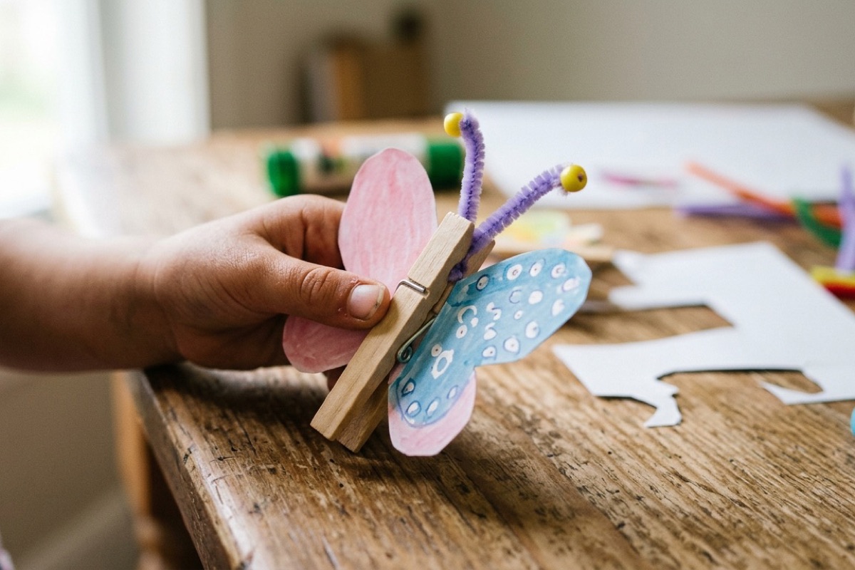 Kinderhanden maken vlinder van wasknijper en gekleurd papier