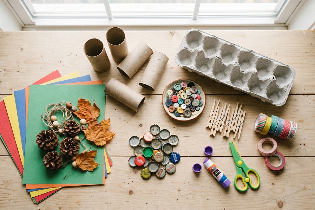 Knutselspullen-overzicht: wc-rollen, eierdoos, knopen, schaar, papier en seizoens-materialen