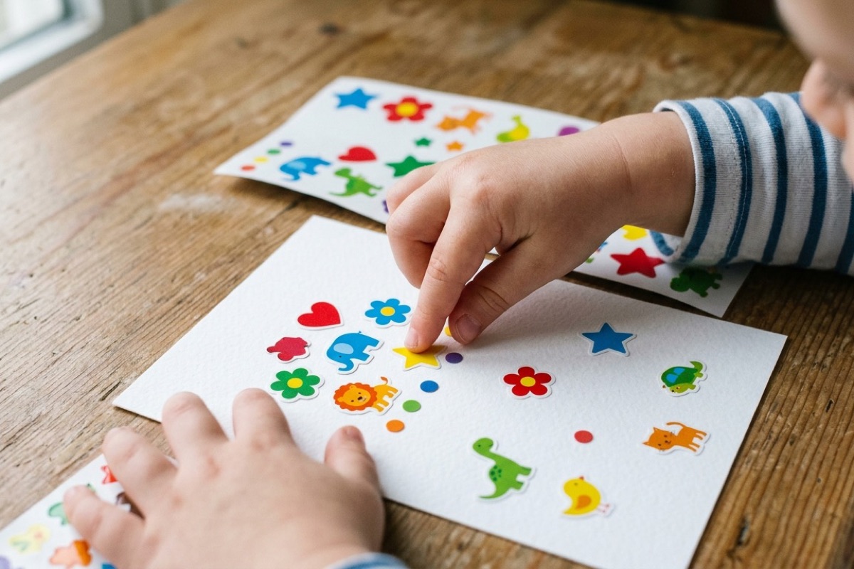 Kleuterhanden plakken stickers op papier