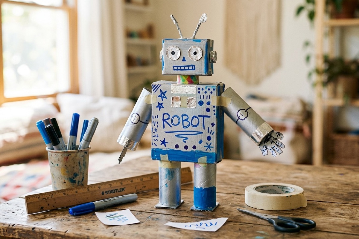 Zelfgemaakte kartonnen robot met stiften en plakband