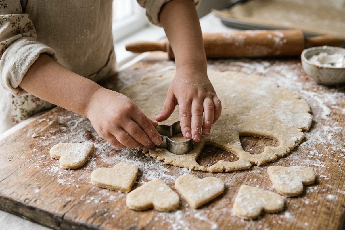 Kinderhanden steken hartvormige koekjes uit deeg op houten plank