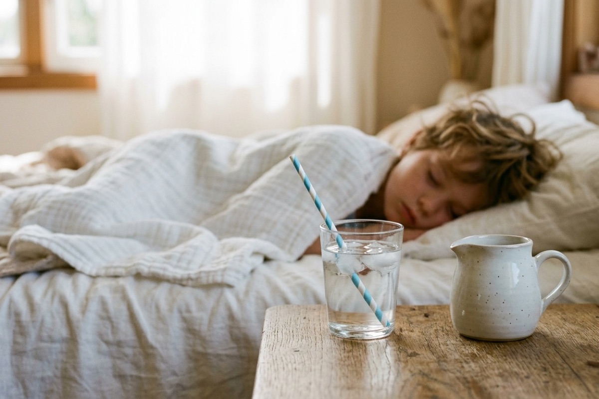Glas water en een kannetje met rietjes op een nachtkastje naast een kind dat rust onder een dunne deken.