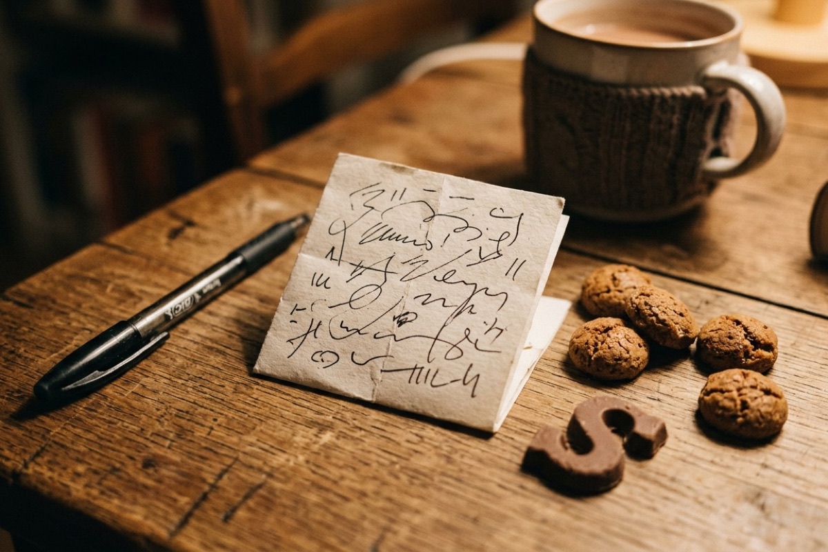 Een kort sinterklaasgedicht in handschrift op een vouwblaadje, naast een pen en pepernoten op een houten tafel