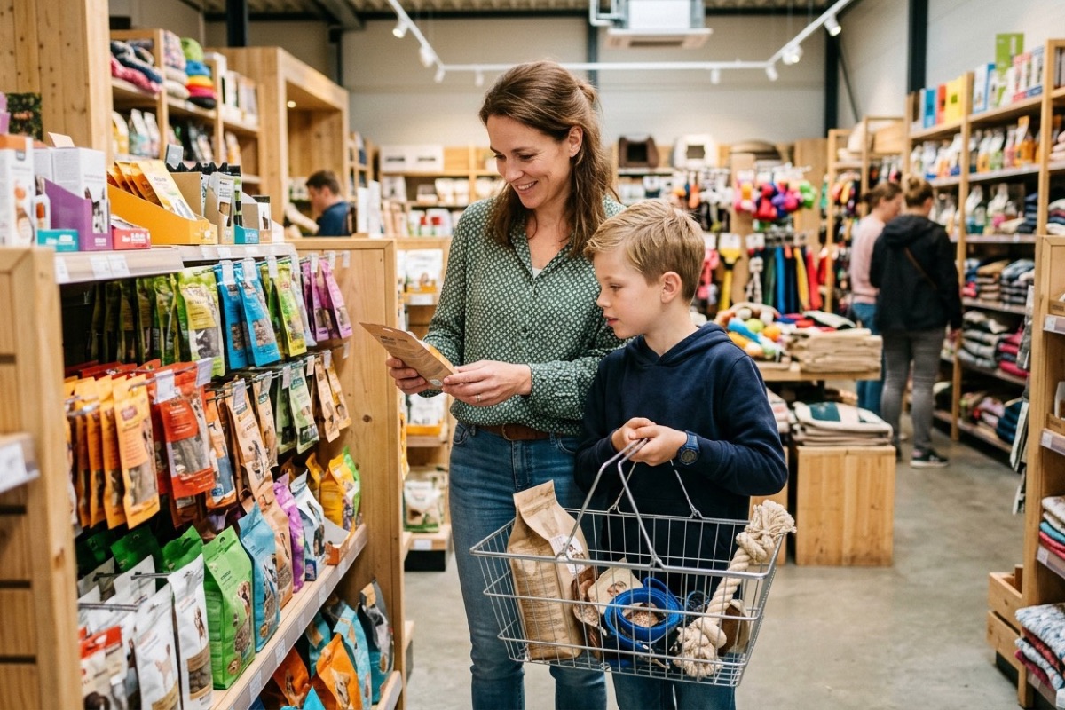 Een ouder en kind kiezen samen huisdier-spullen in een dierenwinkel met een winkelmandje