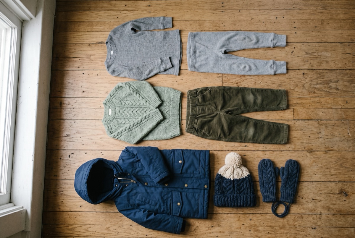 Flat lay met drie lagen kinderkleding op een houten vloer: grijze thermokleding (basislaag), zachtgroene trui en corduroy broek (middenlaag), marineblauwe winterjas, muts en wanten (buitenlaag).