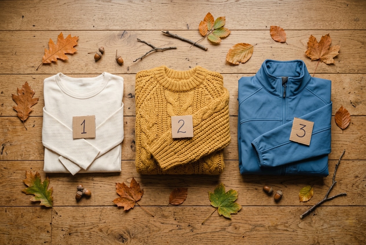 Flat-lay van drie kleding-lagen op een houten vloer: een licht-cremen long-sleeve shirt, een mosterdgele wol-trui en een blauwe softshell jas, elk gemarkeerd met genummerde kartonnen labels en omringd door herfstbladeren.