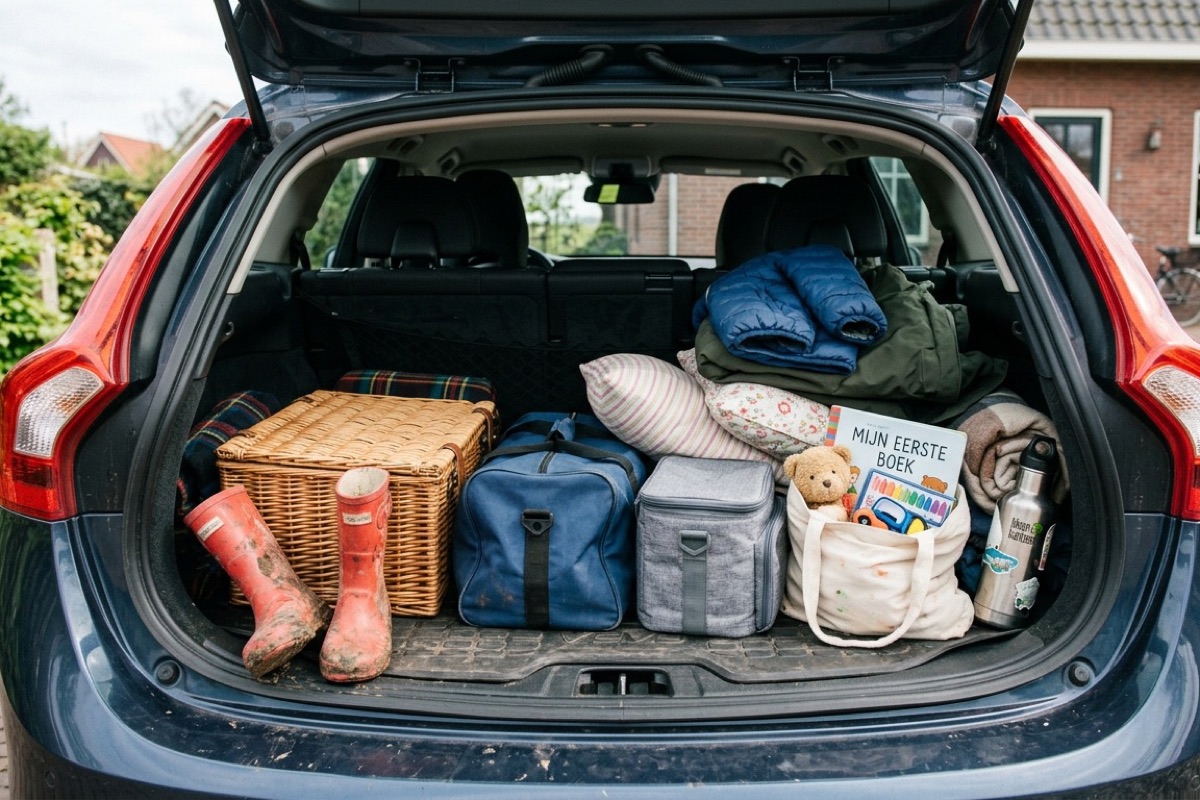 Open kofferbak met picknickmand, koffer, kussens en jas — ingepakt voor een gezinsreis.