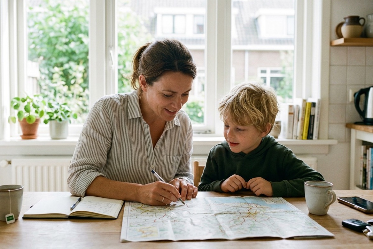 Ouder en kind plannen samen een autoroute op een papieren kaart aan de keukentafel.